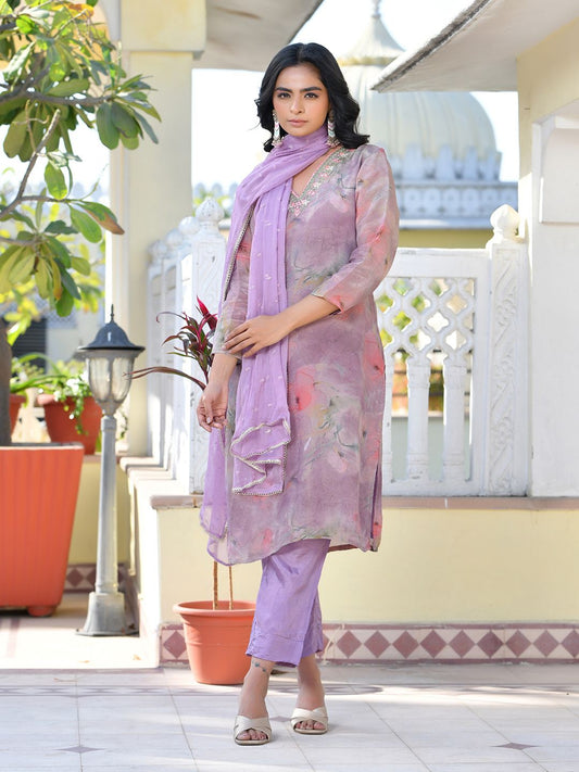 Vaasva Women's Lavender Viscose Tissue Digital Printed Suit Set | Swadesiicart
