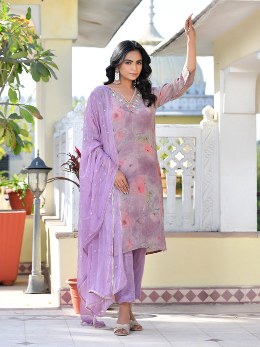 Vaasva Women's Lavender Viscose Tissue Digital Printed Suit Set | Swadesiicart