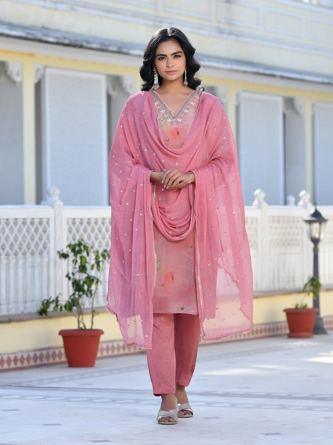 Vaasva Women's Pink Viscose Tissue Digital Printed Suit Set | Swadesiicart