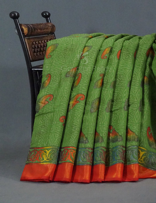 Parrot Green Colour With Orange Blouse Cotton Brasso Saree By Gayathri Reddy Designer Studio | Swadesiicart