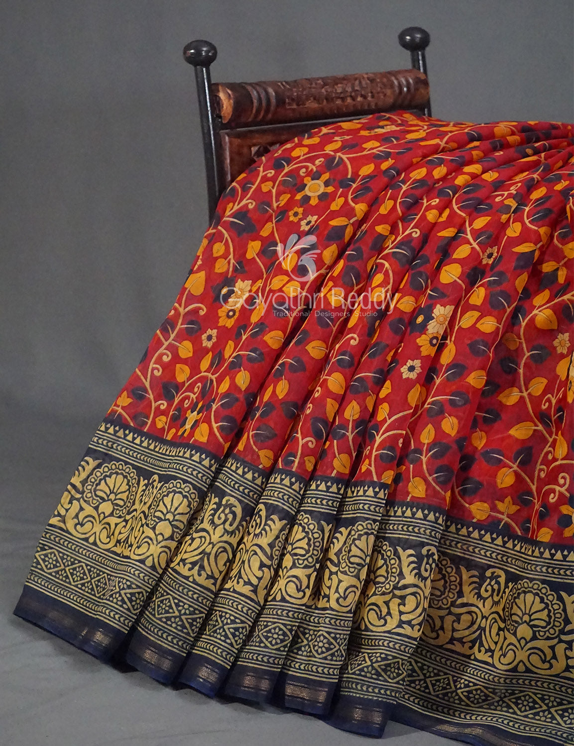 Shades of Red Kalamkaari Semi Chanderi Saree By Gayathri Reddy Designer Studio | Swadesiicart