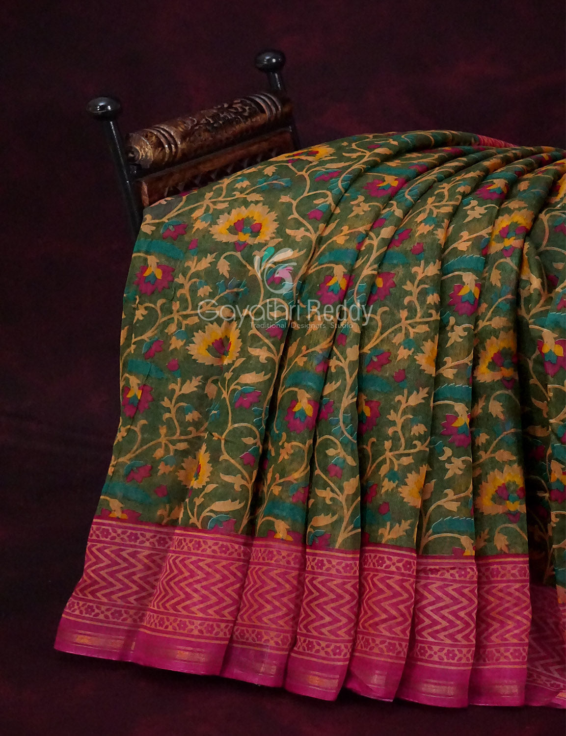 Shades of Dark Green With Rose Pink Blouse Creeper Design Semi Chanderi Saree By Gayathri Reddy Designer Studio | Swadesiicart