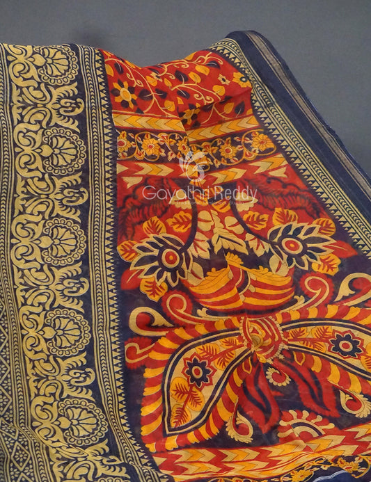 Shades of Red Kalamkaari Semi Chanderi Saree By Gayathri Reddy Designer Studio | Swadesiicart