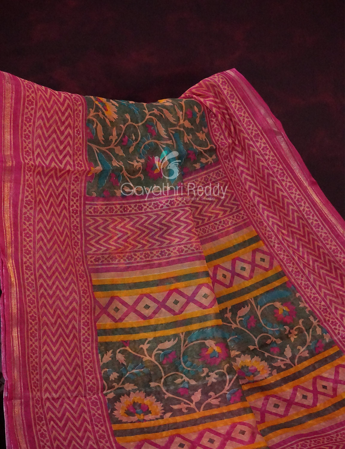 Shades of Dark Green With Rose Pink Blouse Creeper Design Semi Chanderi Saree By Gayathri Reddy Designer Studio | Swadesiicart