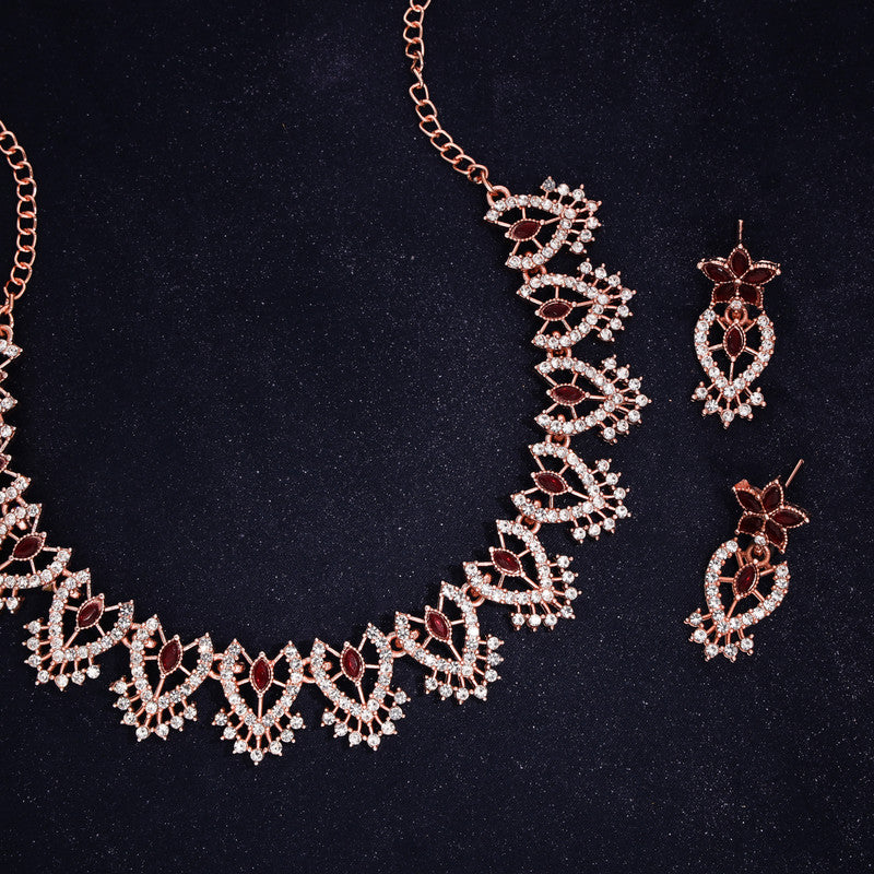 Tehzeeb Creations Maroon Colour Sparkle Stone Studded Necklace With Earrings - Swadesiicart