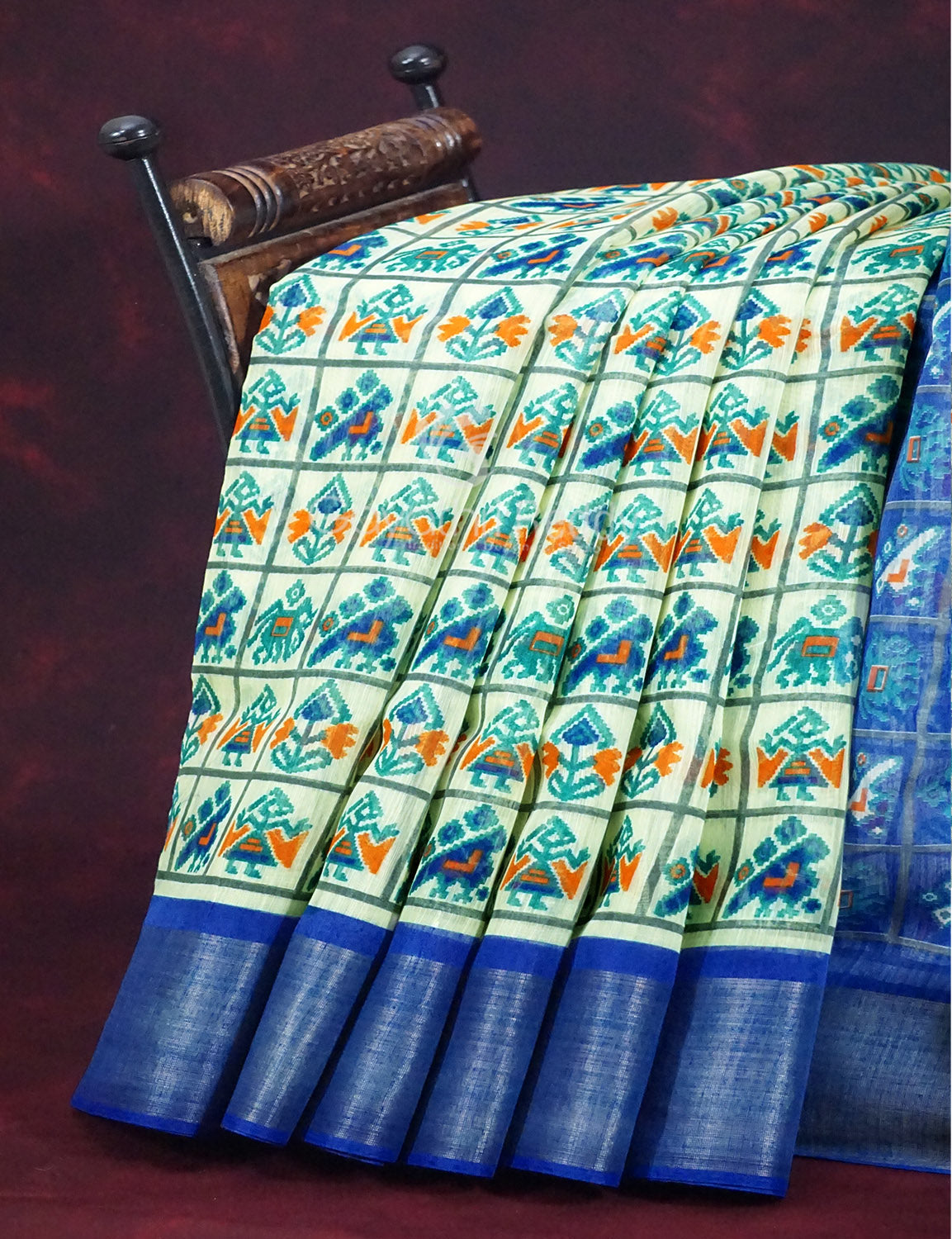 Shades of Cream Colour And Ink Blue Blouse Patola Design Semi Chanderi Saree By Gayathri Reddy Designer Studio | Swadesiicart