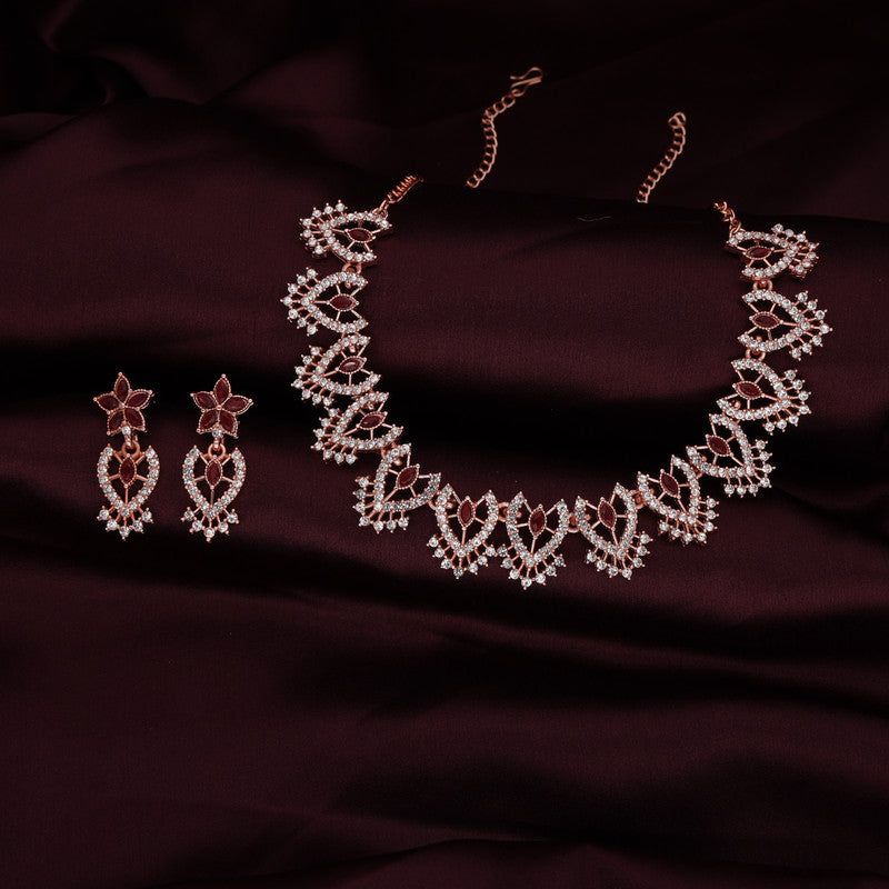 Tehzeeb Creations Maroon Colour Sparkle Stone Studded Necklace With Earrings - Swadesiicart