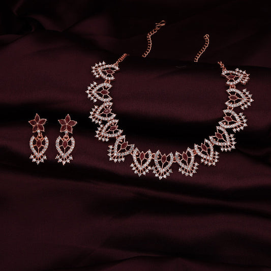 Tehzeeb Creations Maroon Colour Sparkle Stone Studded Necklace With Earrings - Swadesiicart