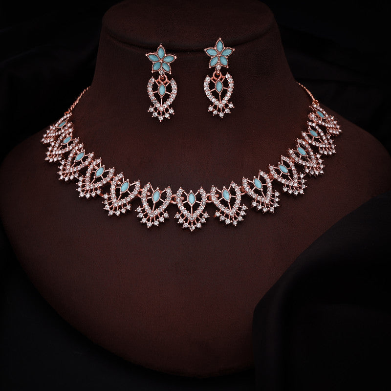 Tehzeeb Creations Sky Blue Colour Sparkle Stone Studded Necklace With Earrings - Swadesiicart