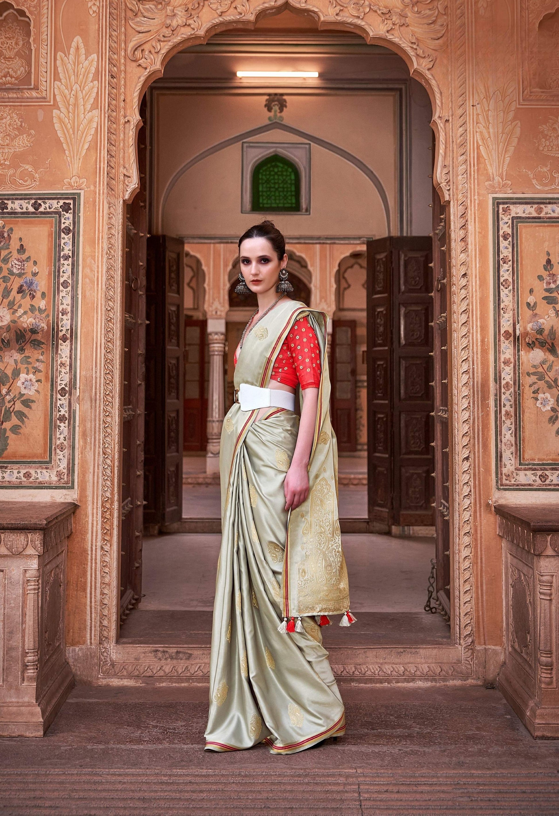 Anaita Light Green Pure Satin Silk With Zari Weaving Saree With Blouse