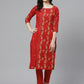 ADA Women Red & Beige Paisley Chikankari Embroidered Sustainable Handloom Kurta with Trousers | Swadesiicart