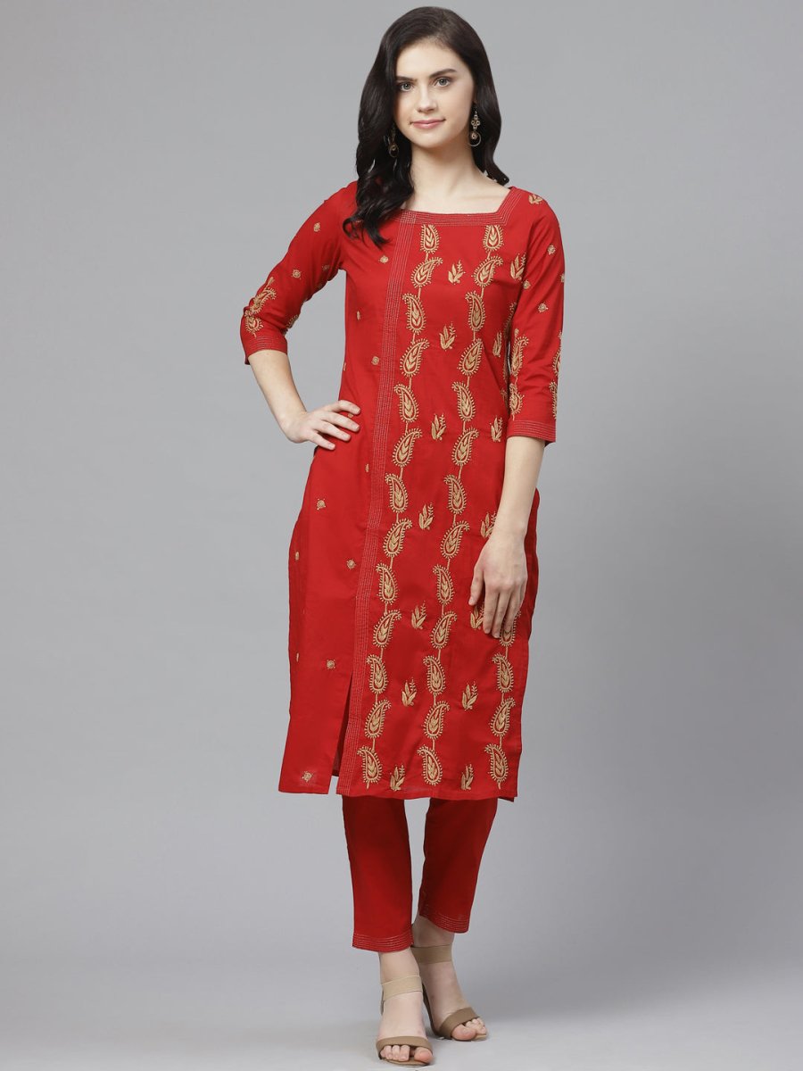 ADA Women Red & Beige Paisley Chikankari Embroidered Sustainable Handloom Kurta with Trousers | Swadesiicart