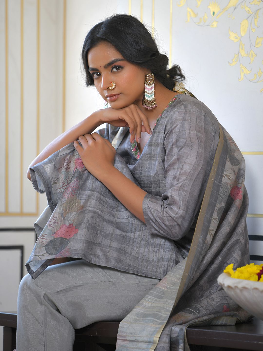 Vaasva Women's Ash Grey Silk Digital Printed Suit Set | Swadesiicart