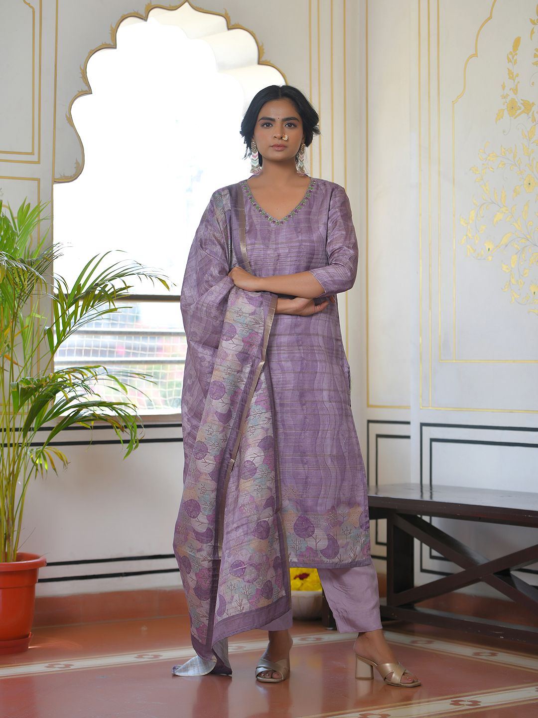 Vaasva Women's Purple Grey Silk Digital Printed Suit Set | Swadesiicart