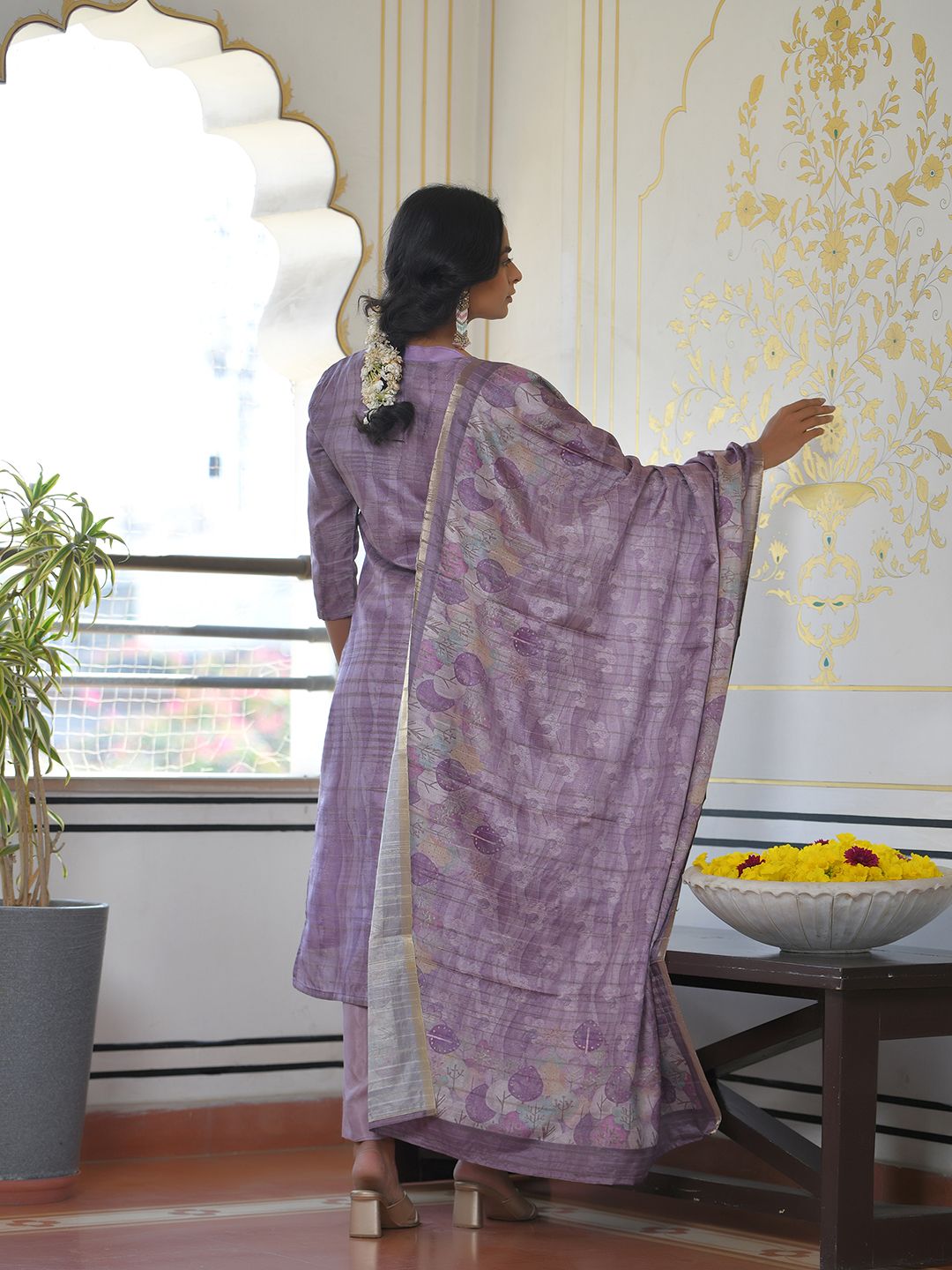 Vaasva Women's Purple Grey Silk Digital Printed Suit Set | Swadesiicart