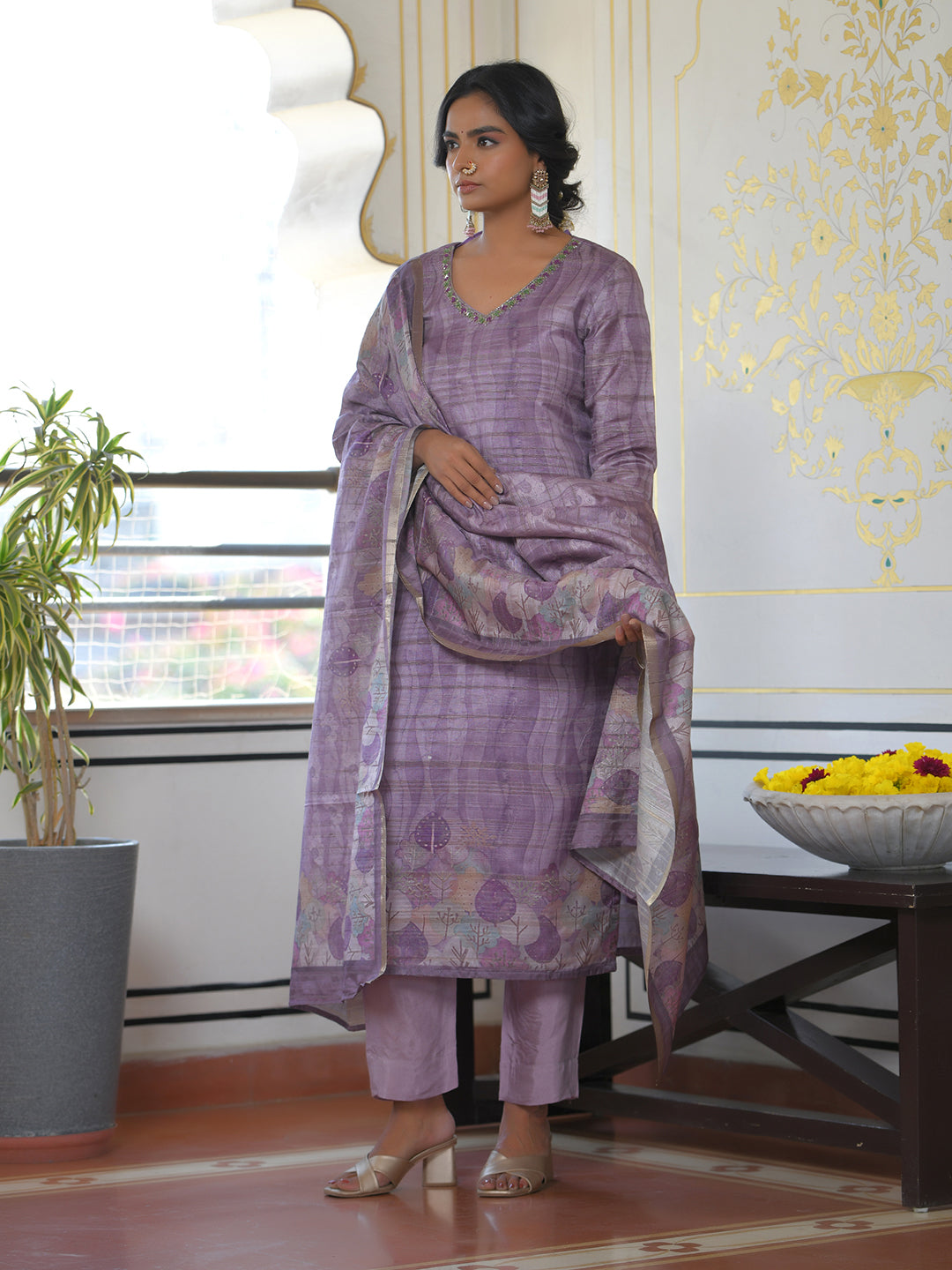Vaasva Women's Purple Grey Silk Digital Printed Suit Set | Swadesiicart