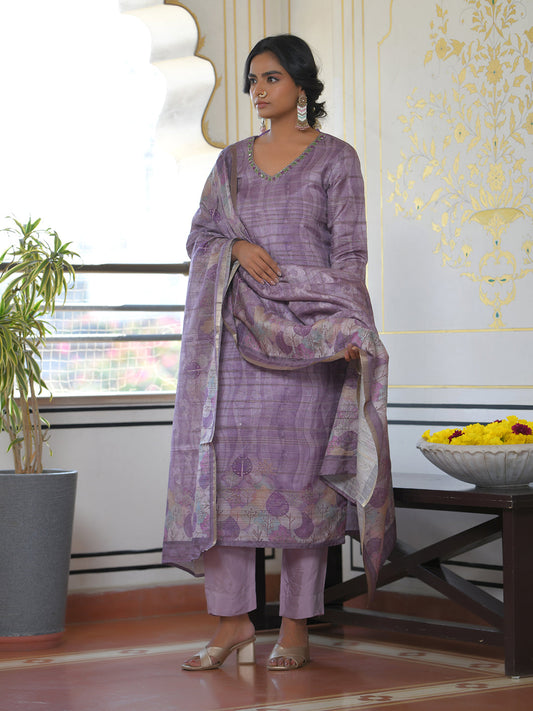 Vaasva Women's Purple Grey Silk Digital Printed Suit Set | Swadesiicart
