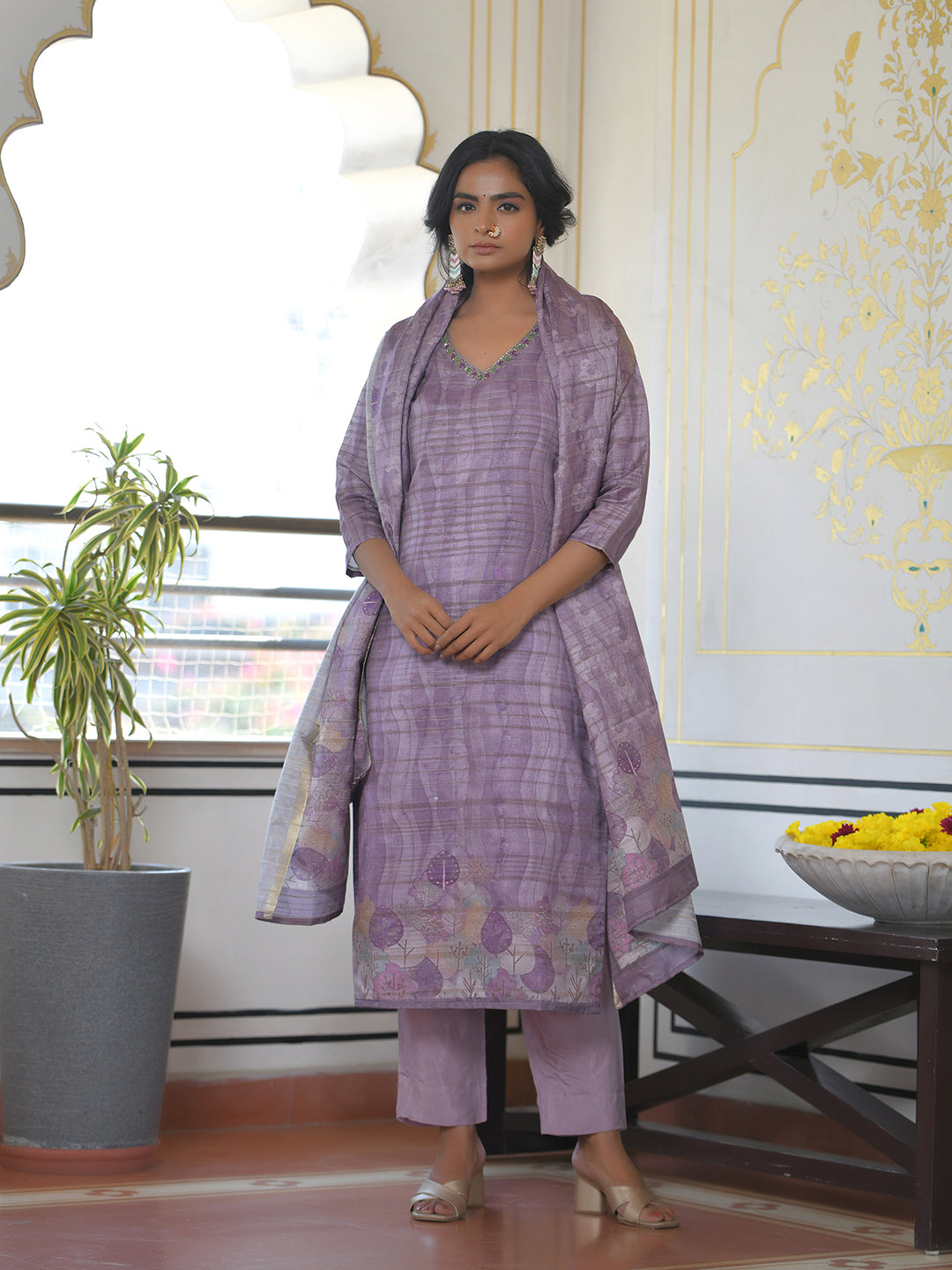 Vaasva Women's Purple Grey Silk Digital Printed Suit Set | Swadesiicart