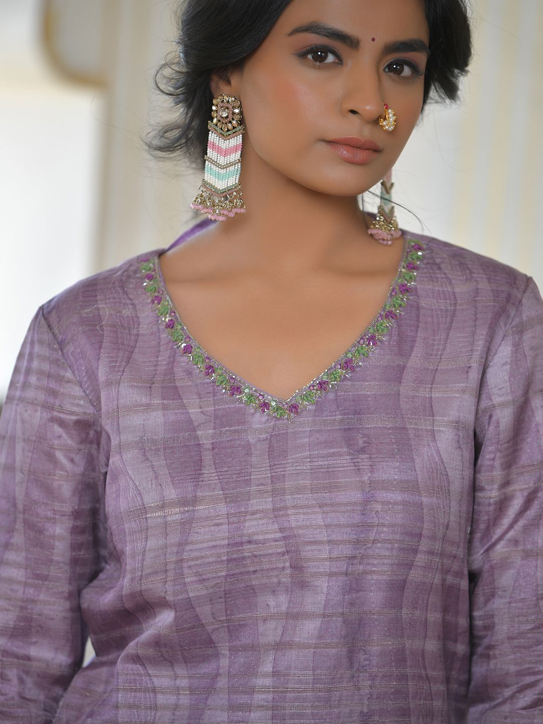 Vaasva Women's Purple Grey Silk Digital Printed Suit Set | Swadesiicart