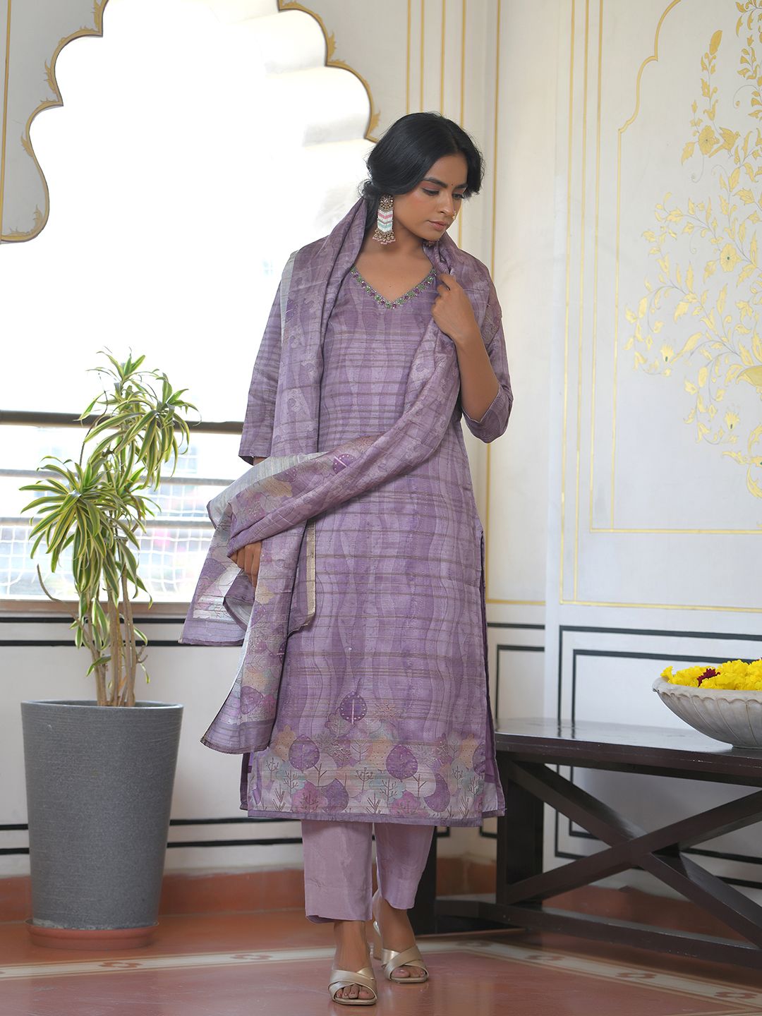 Vaasva Women's Purple Grey Silk Digital Printed Suit Set | Swadesiicart