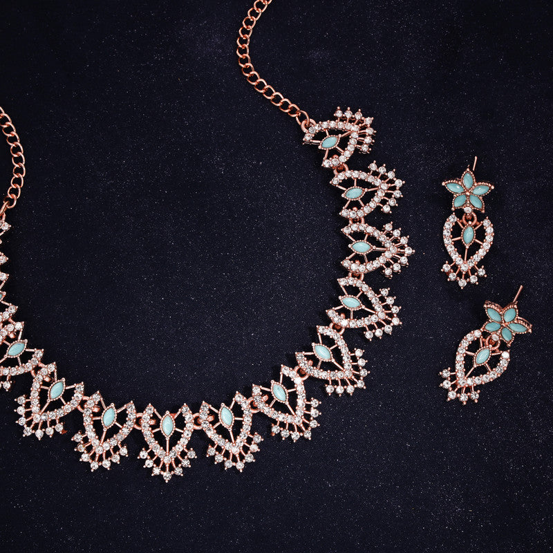 Tehzeeb Creations Sky Blue Colour Sparkle Stone Studded Necklace With Earrings - Swadesiicart