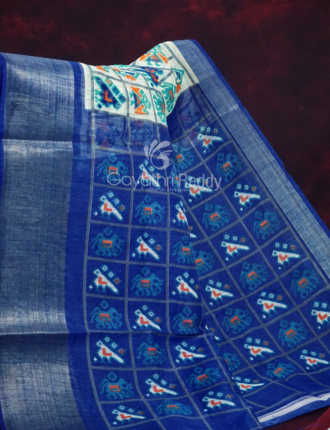 Shades of Cream Colour And Ink Blue Blouse Patola Design Semi Chanderi Saree By Gayathri Reddy Designer Studio | Swadesiicart