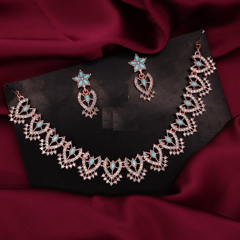 Tehzeeb Creations Sky Blue Colour Sparkle Stone Studded Necklace With Earrings - Swadesiicart