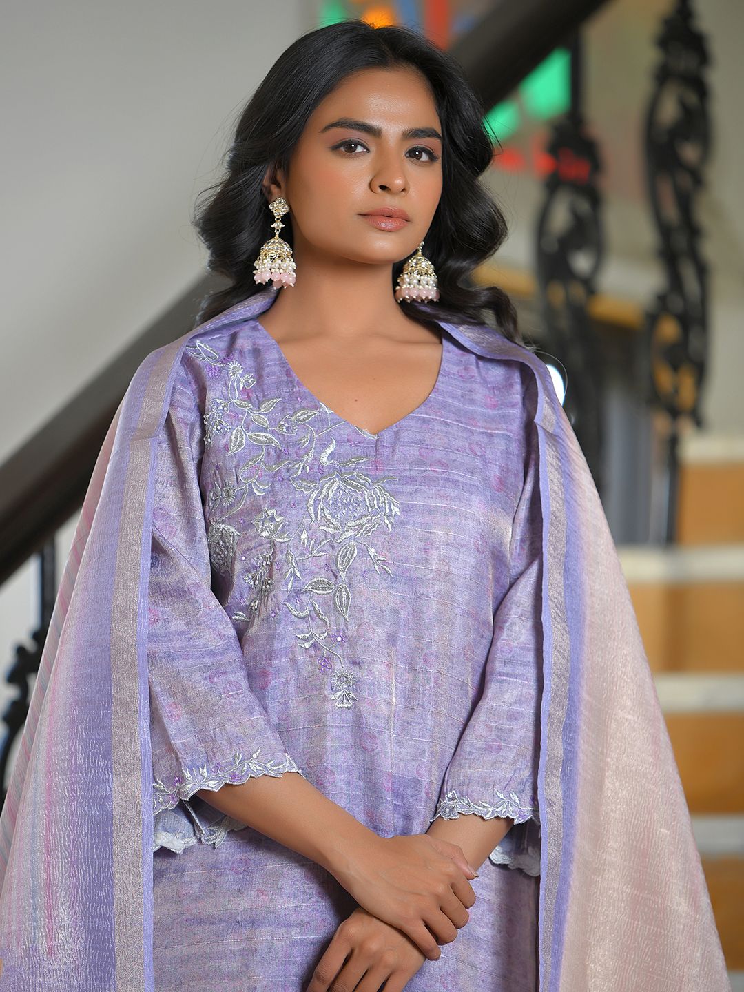 Vaasva Women's Lavender Tissue Shimmer Digital Printed Suit Set | Swadesiicart
