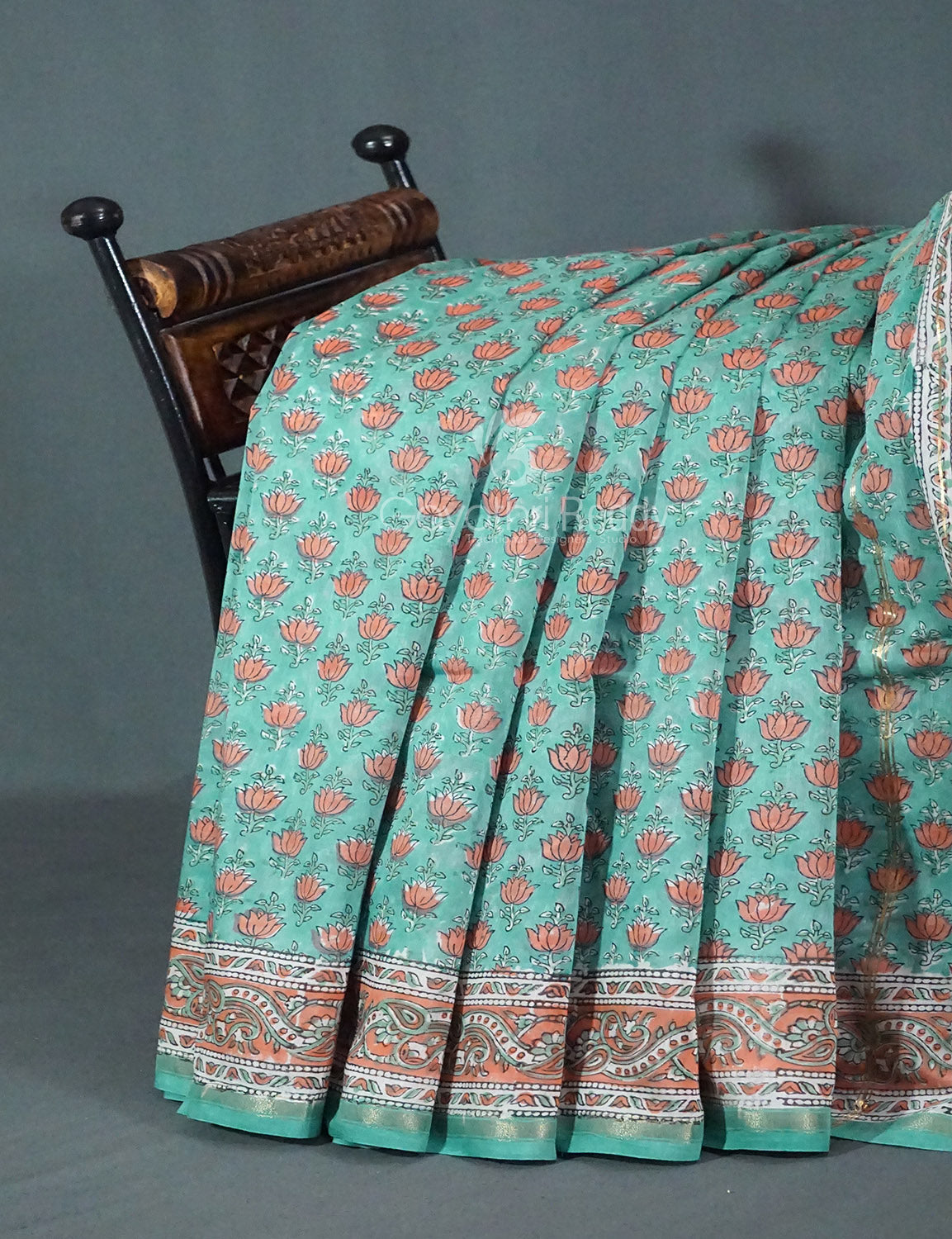 Dazzling Sea Green Colour With Lotus Buttes Pure Chanderi Sico Saree By Gayathri Reddy Designer Studio | Swadesiicart