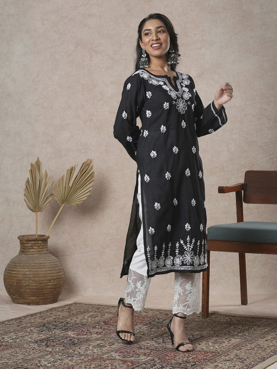 ADA Women Sustainable Black & White Paisley Chikankari Hand Embroidered Straight Kurta | Swadesiicart