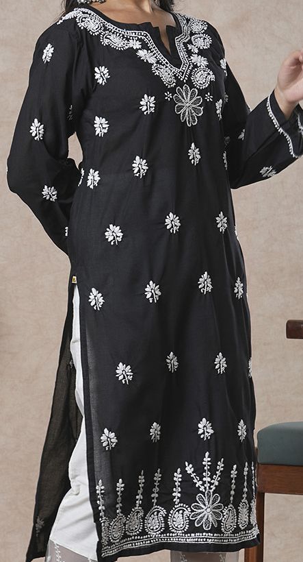 ADA Women Sustainable Black & White Paisley Chikankari Hand Embroidered Straight Kurta | Swadesiicart