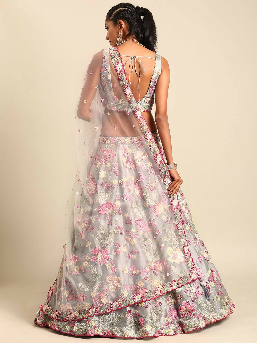 House of Panchhi Grey Organza Sequins and Zarkan embroidery Lehenga choli & Dupatta | Swadesiicart
