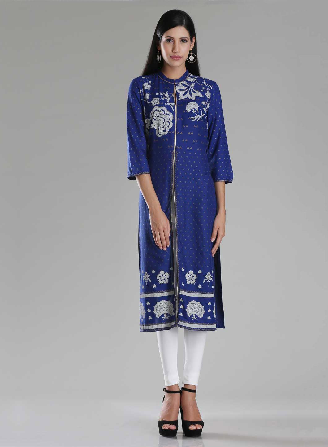 W for Woman Blue Printed Front Slit kurta