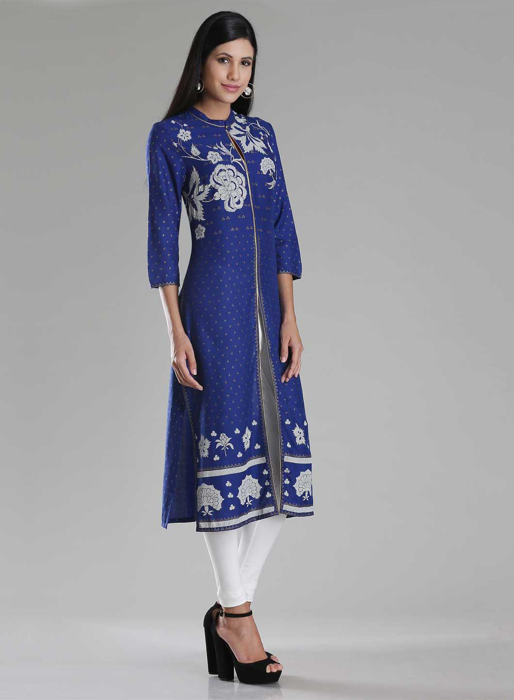 W for Woman Blue Printed Front Slit kurta