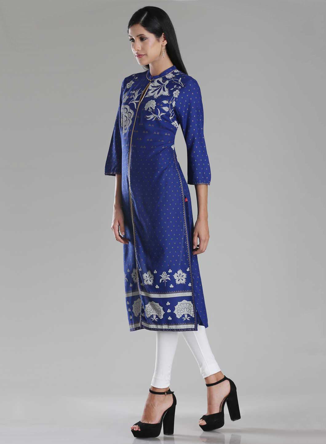 W for Woman Blue Printed Front Slit kurta