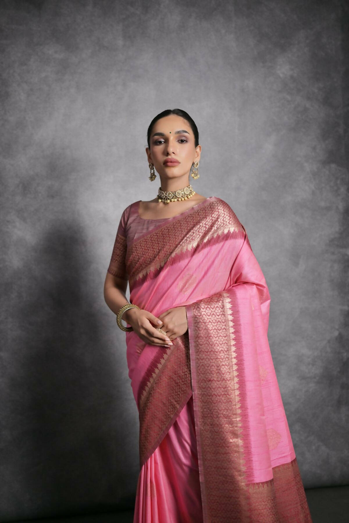 Vishnu Weaves Women's Baby-Pink Tussar Silk Zari Woven Saree with Blouse - Swadesiicart