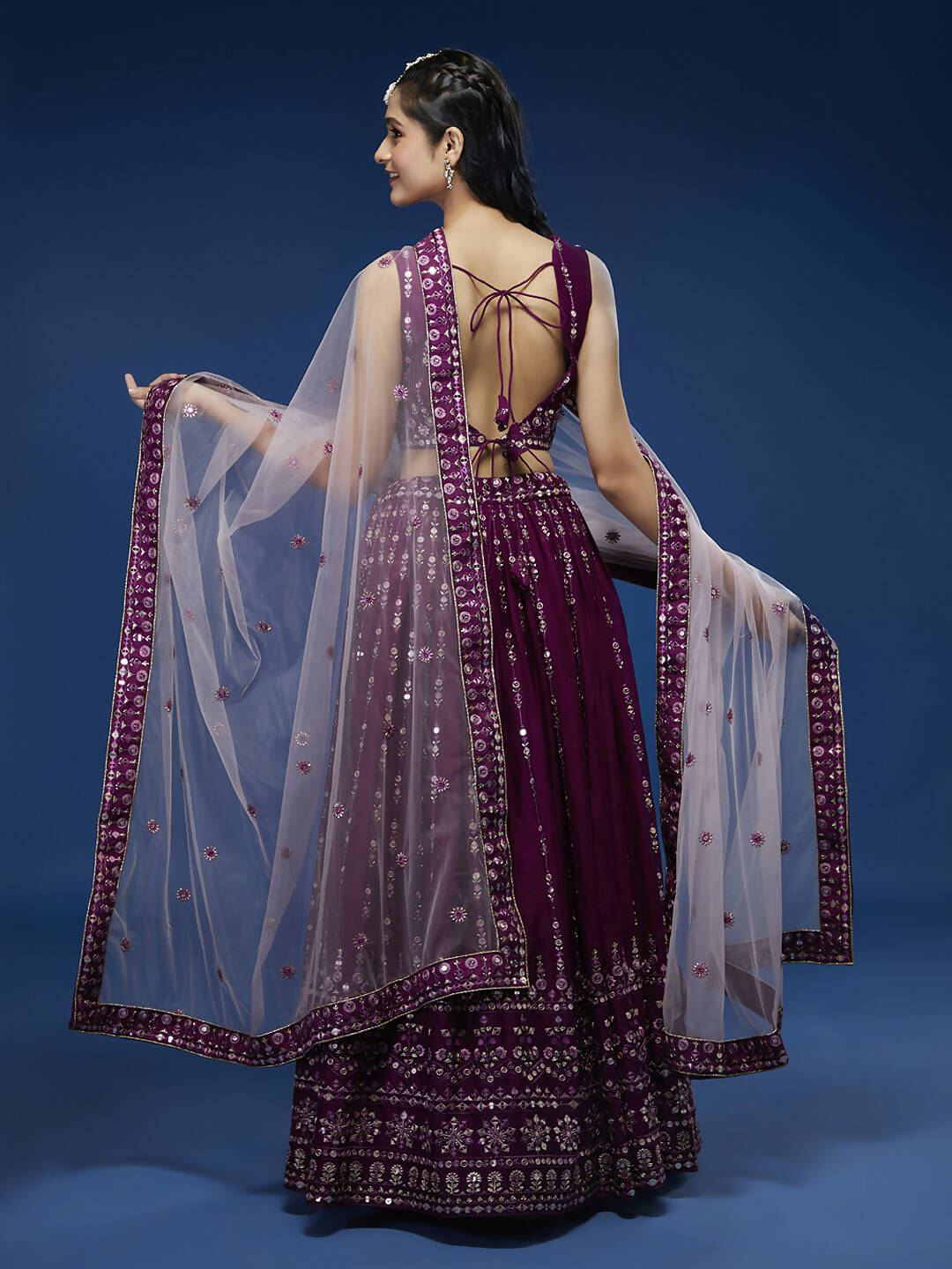 House of Panchhi Women Burgundy Pure Georgette Sequinse Embroidered Lehenga & Blouse, Dupatta | Swadesiicart
