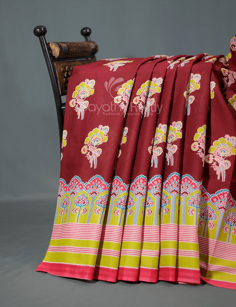 Block Print Maroon Coloured Mulmul Cotton Saree By Gayathri Reddy Designer Studio | Swadesiicart