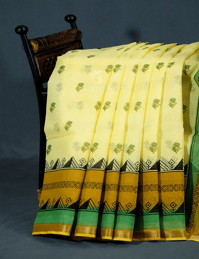 Lime Yellow Colour Block Print Pure Kota Cotton Saree By Gayathri Reddy Designer Studio | Swadesiicart