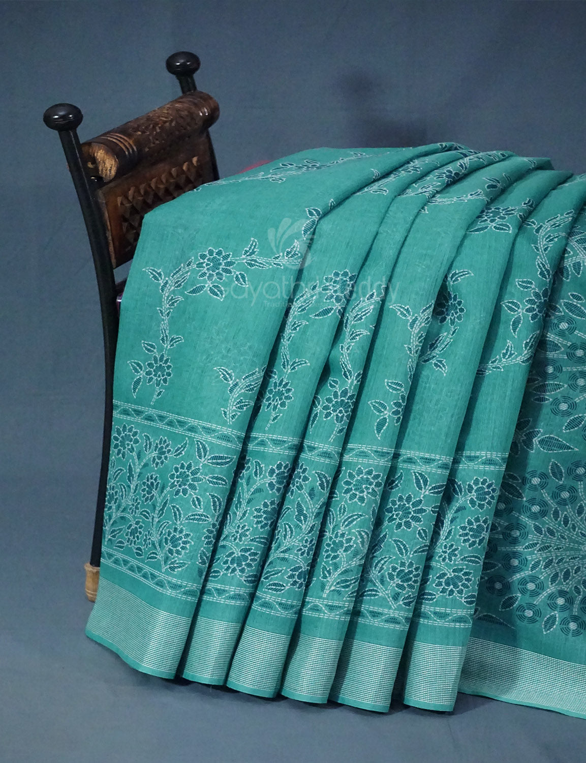 Shades of Light Rama Green Colour Floral Print Semi Chanderi Saree By Gayathri Reddy Designer Studio | Swadesiicart