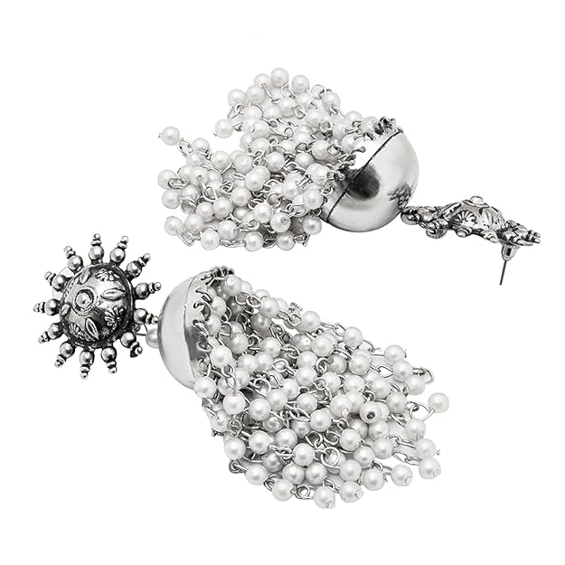 Tehzeeb Creations Women's Silver Colour Oxidised Earrings With White Pearl | Swadesiicart