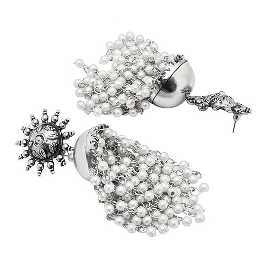 Tehzeeb Creations Women's Silver Colour Oxidised Earrings With White Pearl | Swadesiicart