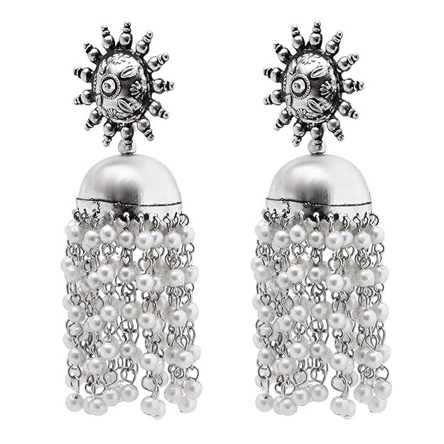 Tehzeeb Creations Women's Silver Colour Oxidised Earrings With White Pearl | Swadesiicart