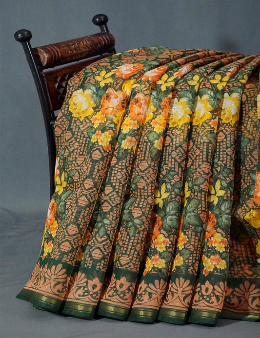 Shades of Green Colour Floral Design Semi Chanderi Saree By Gayathri Reddy Designer Studio | Swadesiicart