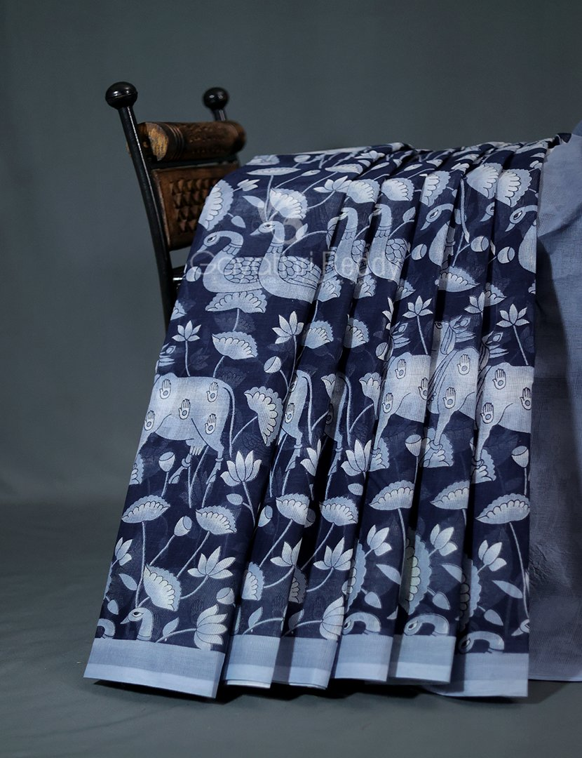 Shades of Dark Navy Blue And Grey With Pichwai Print Munga Cotton Saree By Gayathri Reddy Designer Studio | Swadesiicart