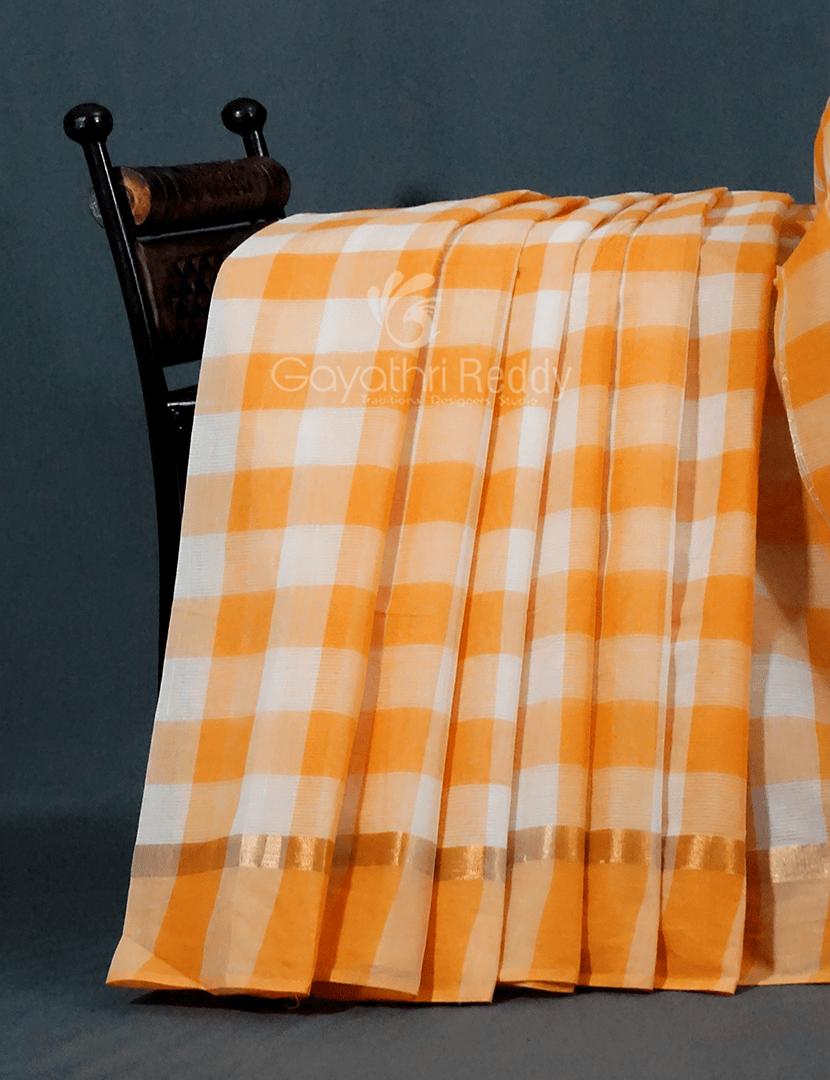 Cream And Orange Coloured With Checks Pure Mangalgiri Cotton Saree By Gayathri Reddy Designer Studio | Swadesiicart