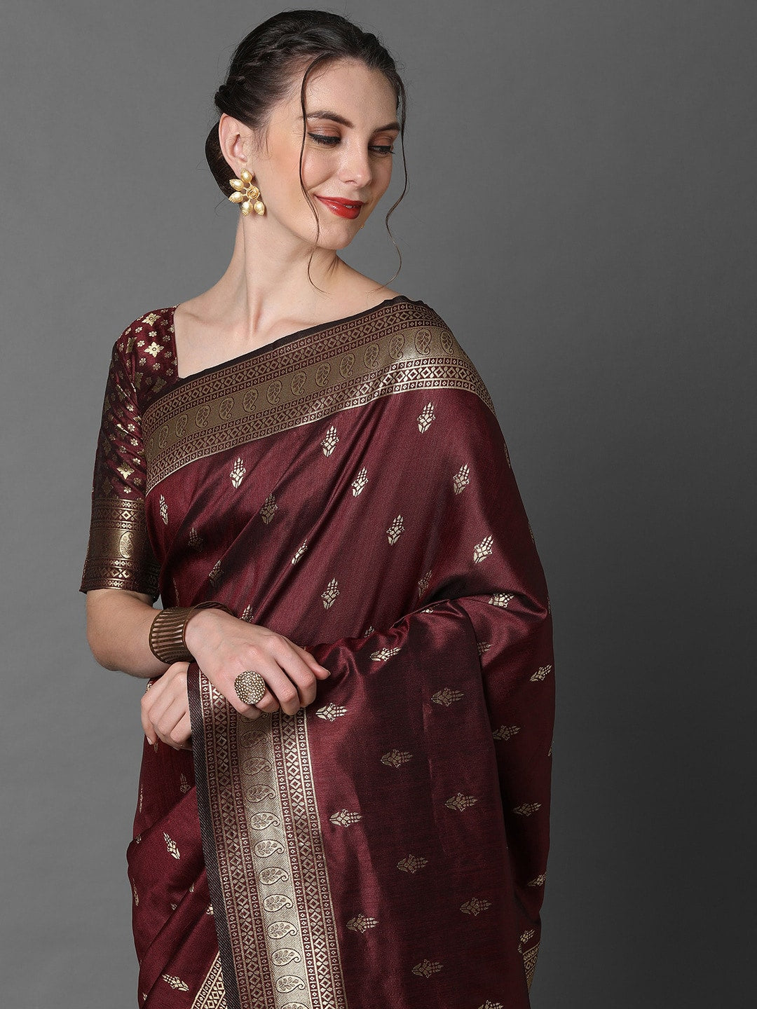 Mitera Brown & Gold-Coloured Ethnic Motifs Woven Design Silk Blend Banarasi Saree | Swadesiicart