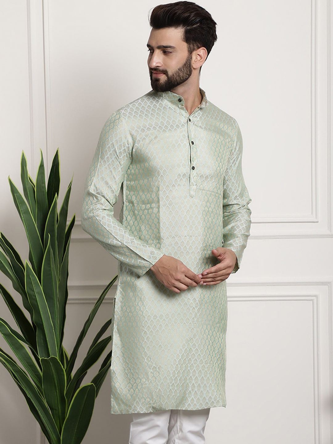 Sojanya Men Green & Beige Ethnic Motifs Jacquard Woven Design Straight Kurta | Swadesiicart