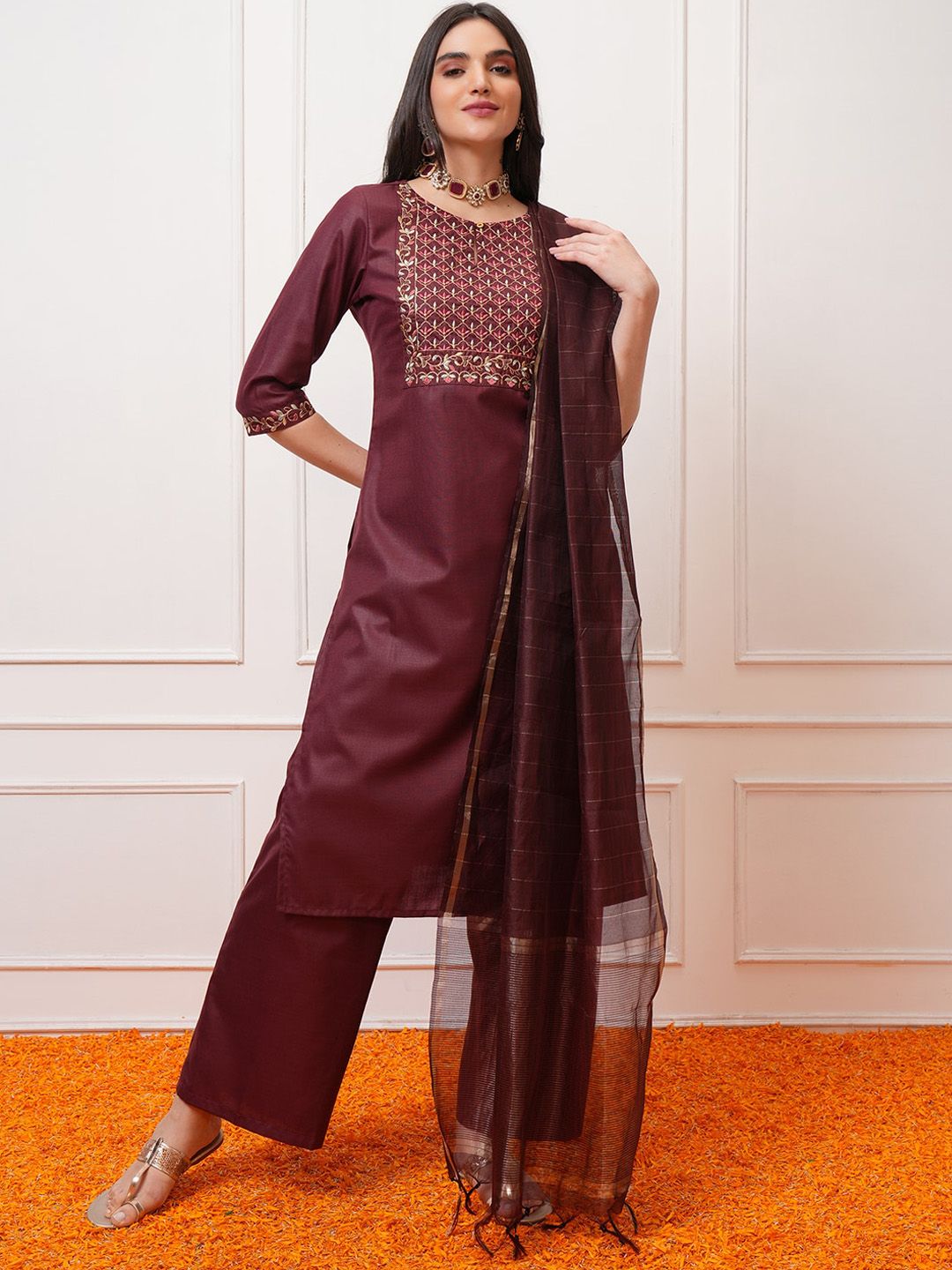Vishudh Burgundy Ethnic Motifs Yoke Design Thread Work Kurta with Palazzo & Dupatta - Swadesiicart