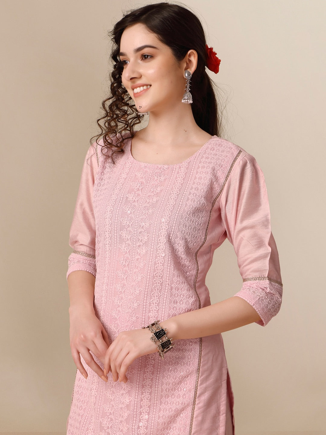 HERE&NOW Lucknowi Chikankari Schiffli Chanderi Silk Kurta Trousers with Organza Dupatta | Swadesiicart